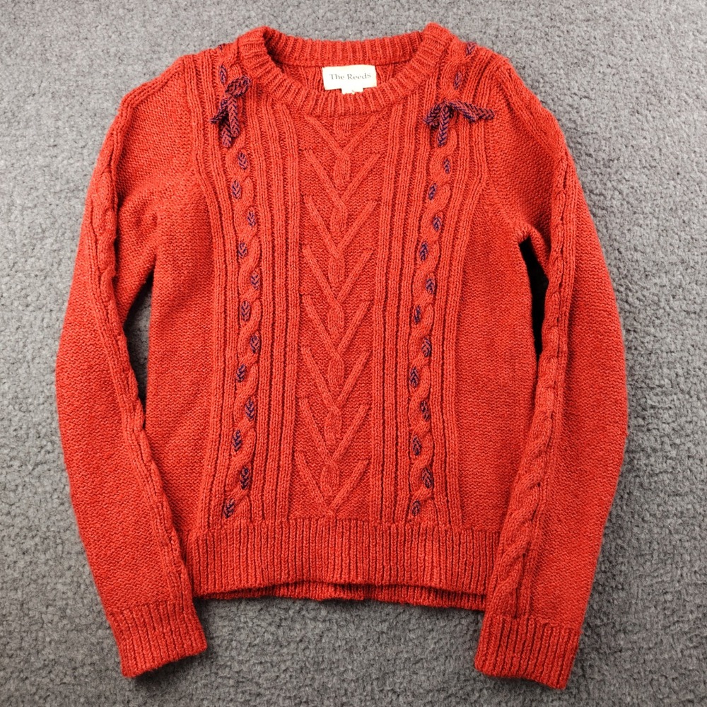 The Reeds Sweater Womens Small Cable Knit Orange Red Bow Coquette EUC